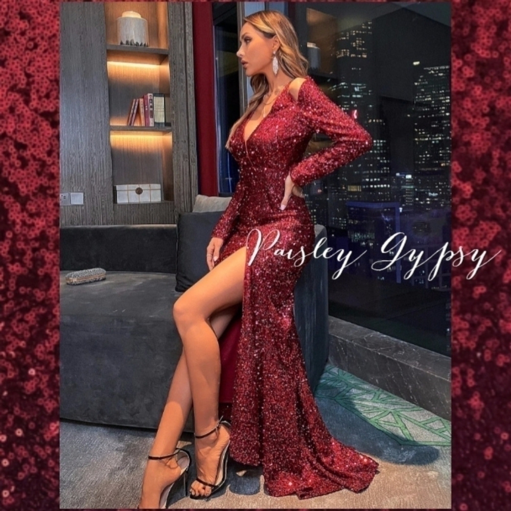 Maroon Sequined Ball Gown for Special Events - Picture 4 of 13